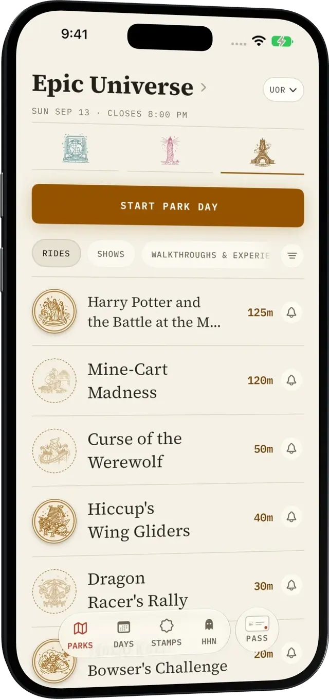 Parky's Universal Epic Universe live board with posted waits