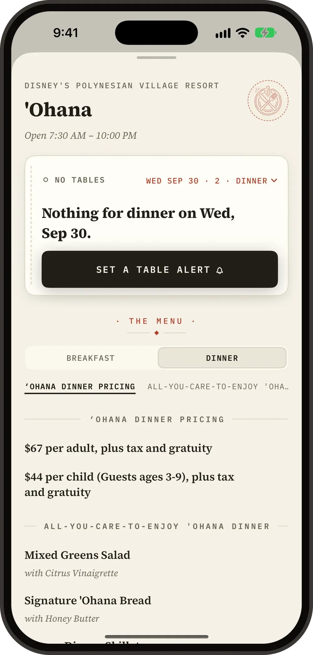 A sold-out 'Ohana dinner in Parky with Set a table alert