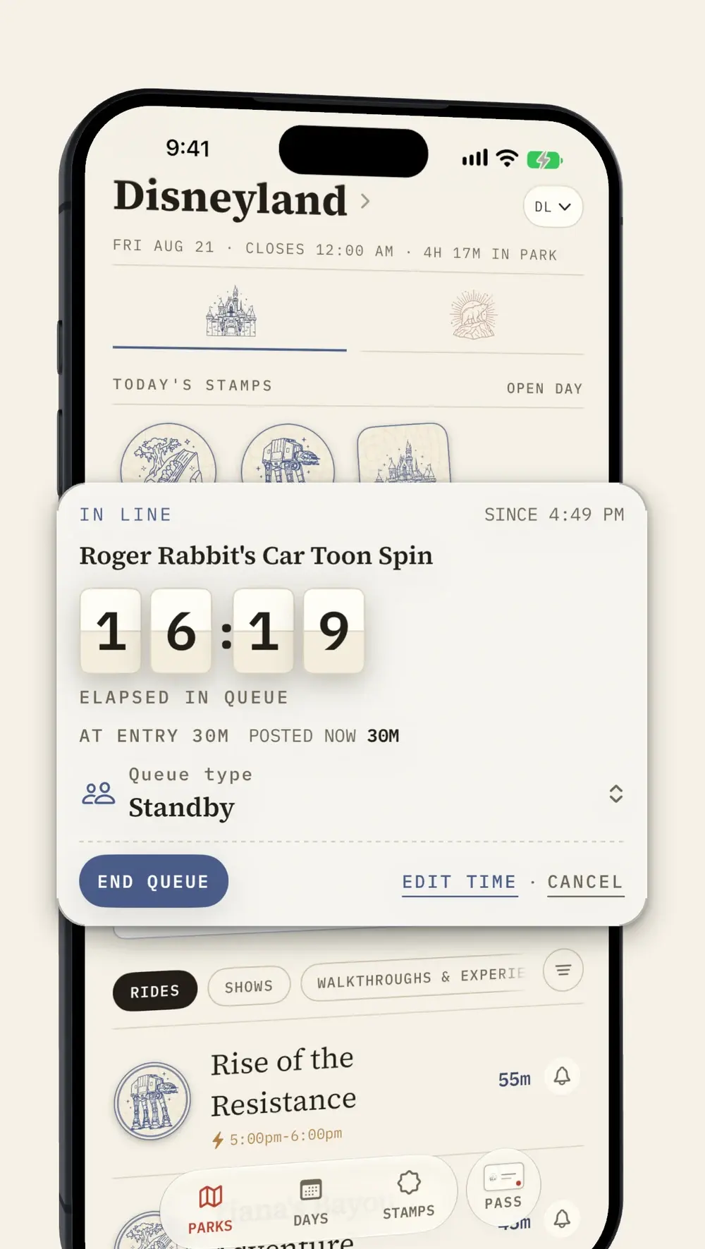 Parky's running queue timer with a close-up of the elapsed wait