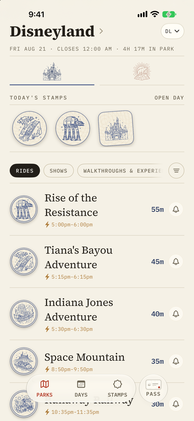 A park day open, with the stamps earned so far today along the top