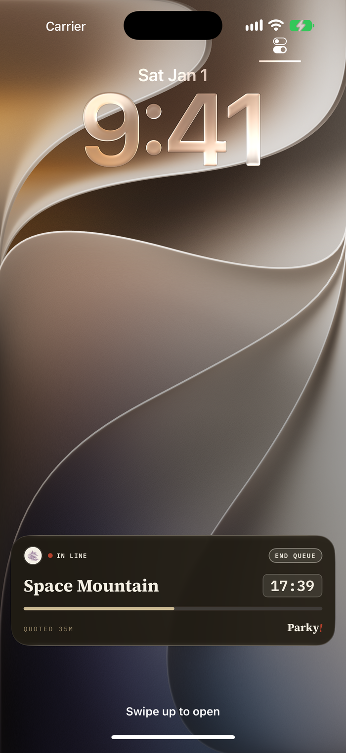 The Parky Live Activity counting on an iPhone Lock Screen